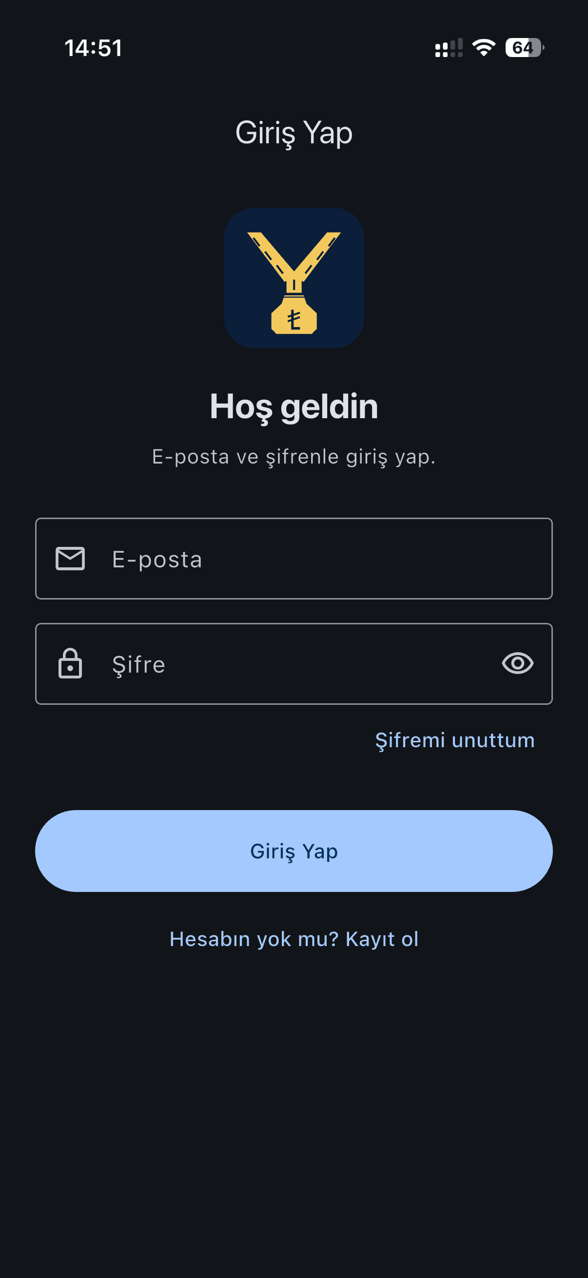 Giriş yap ekranı: e-posta, şifre ve kayıt ol bağlantısı