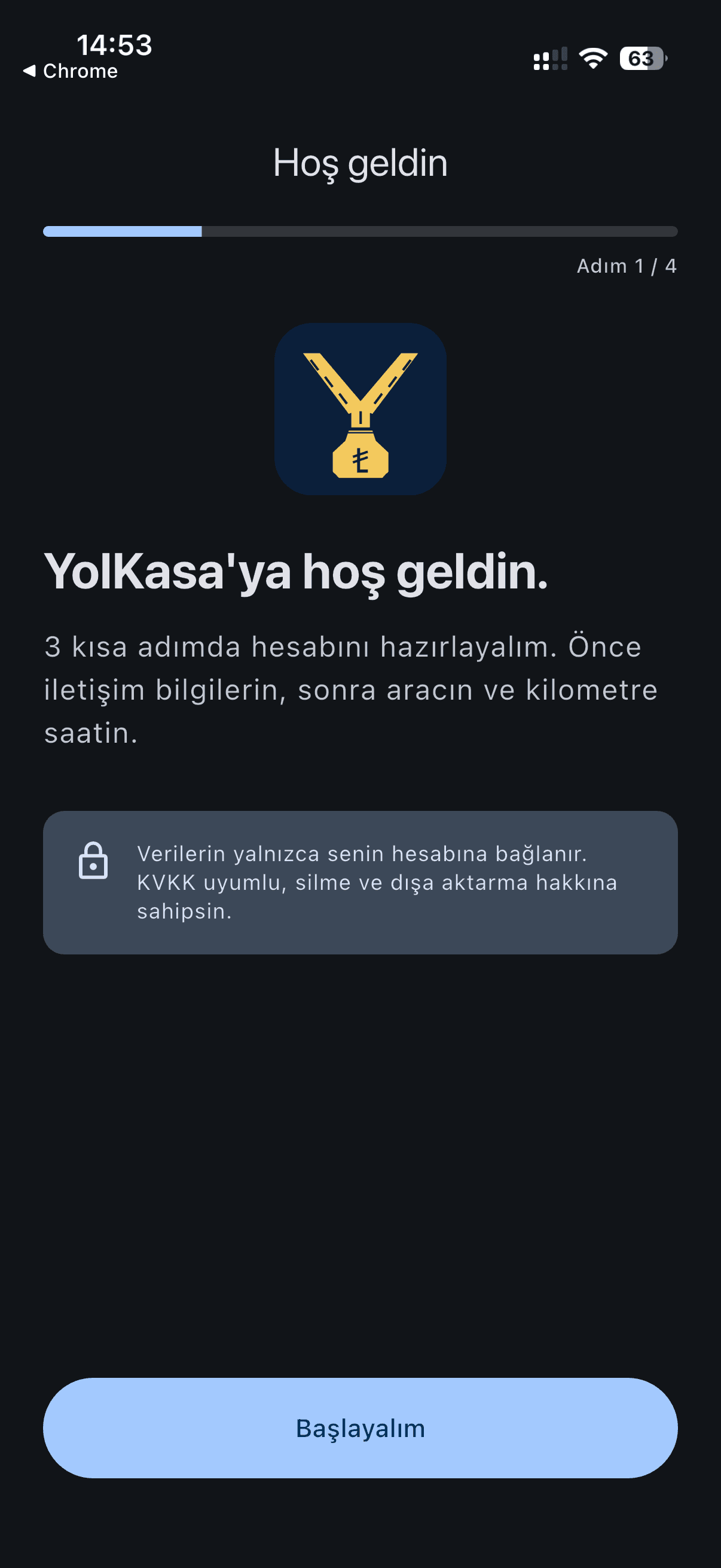 YolKasa'ya hoş geldin onboarding başlangıç ekranı