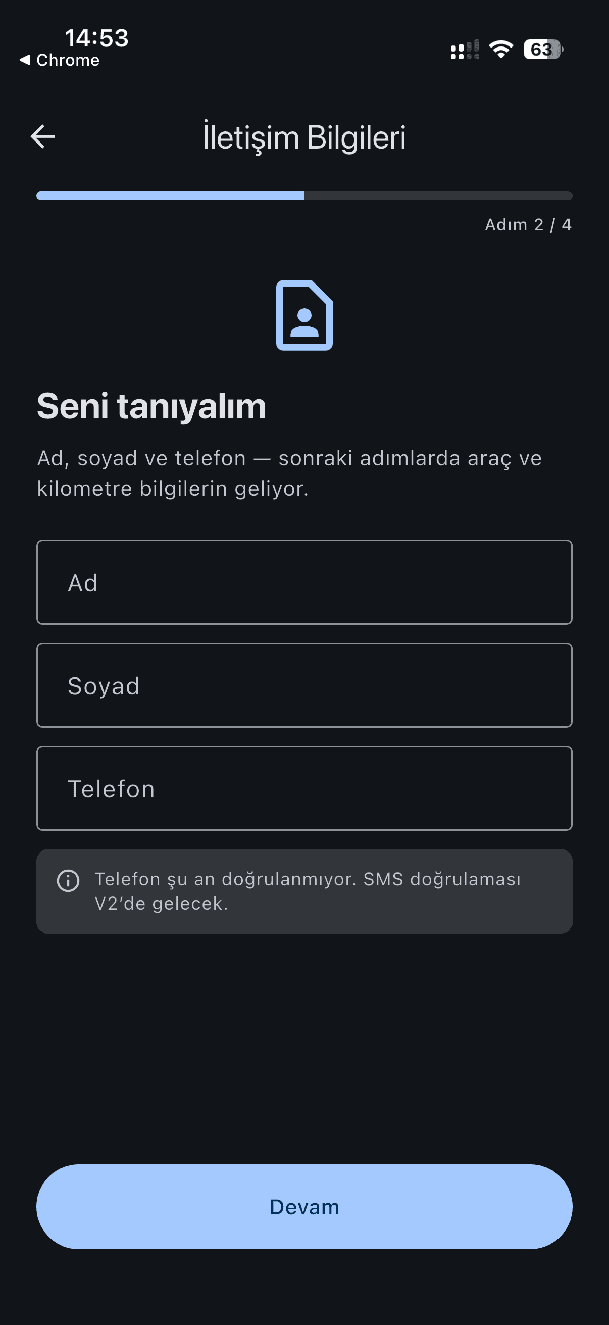 İletişim bilgileri ekranı: ad, soyad, telefon alanları boş