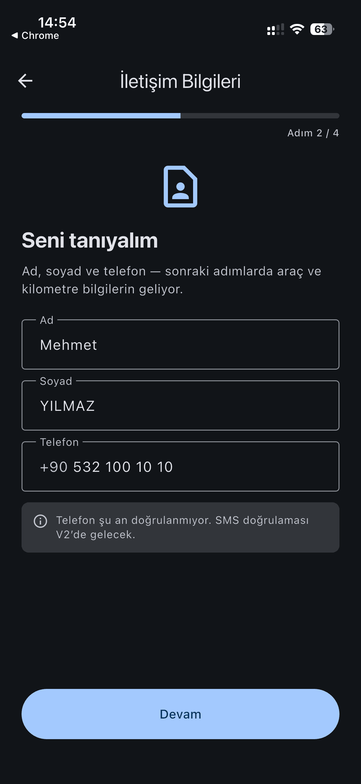 İletişim bilgileri doldurulmuş: ad, soyad ve telefon girili