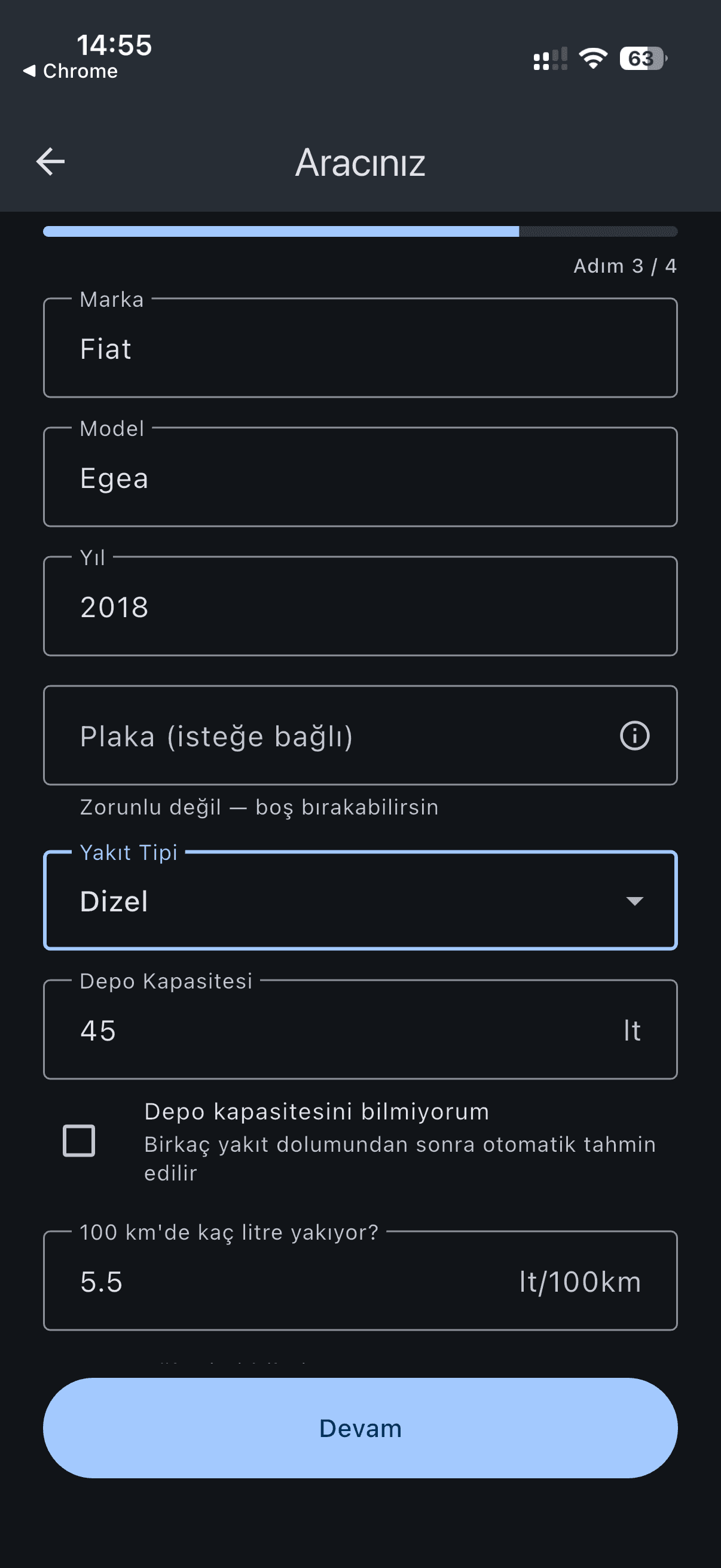Aracınız ekranı: marka, model, yıl, yakıt tipi, depo ve tüketim alanları