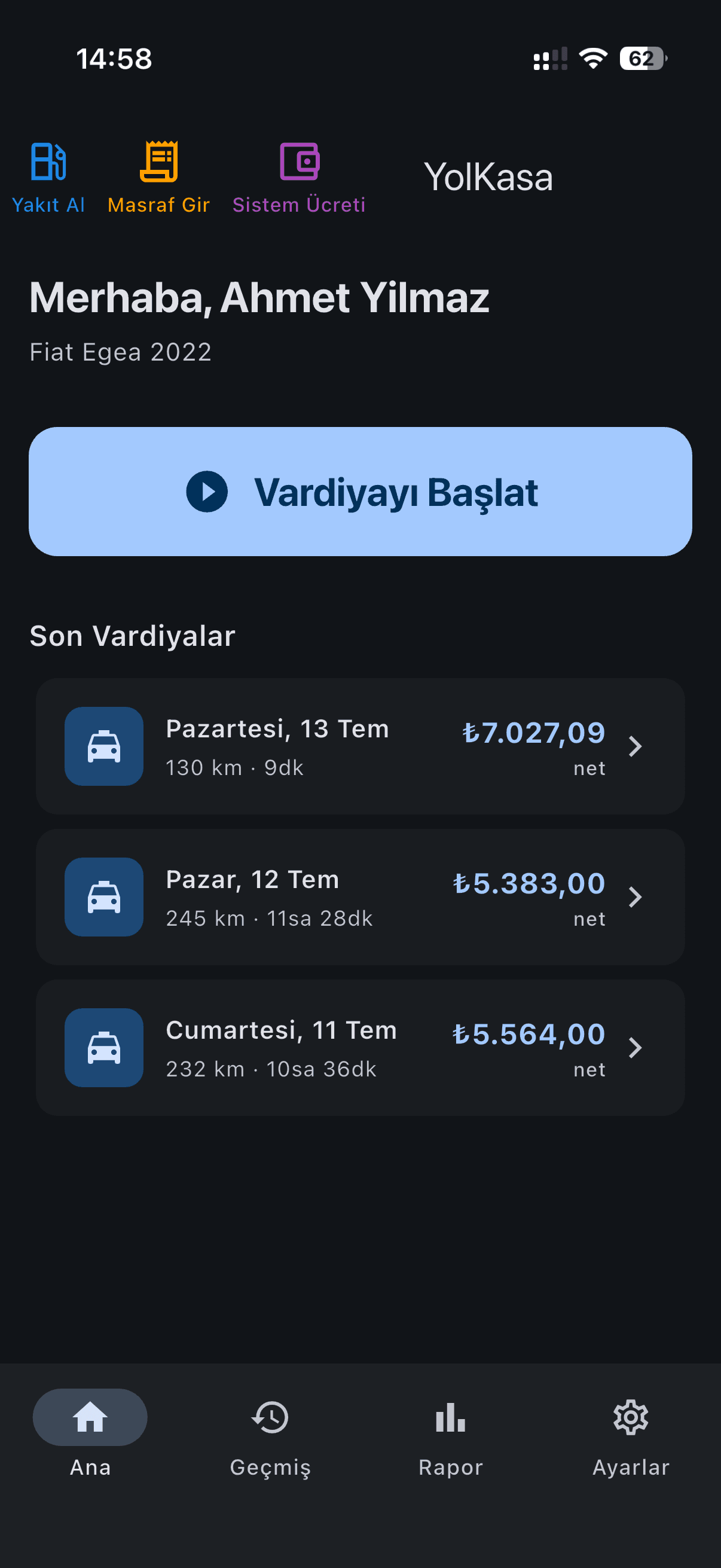 Ana ekran: Vardiyayı Başlat butonu ve son vardiyalar listesi