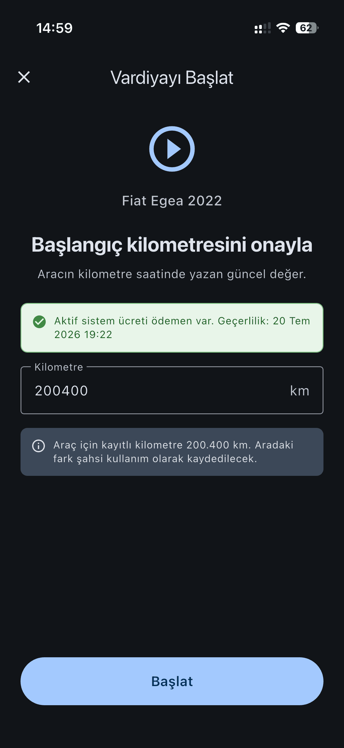 Vardiya başlat ekranı: başlangıç kilometresi onayı