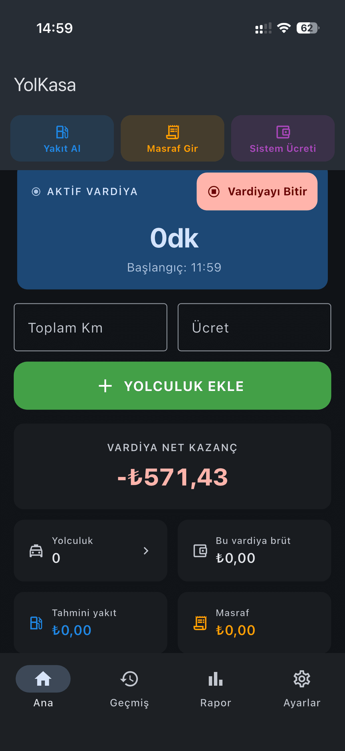 Aktif vardiya ekranı: sıfır yolculuk, net kazanç eksi