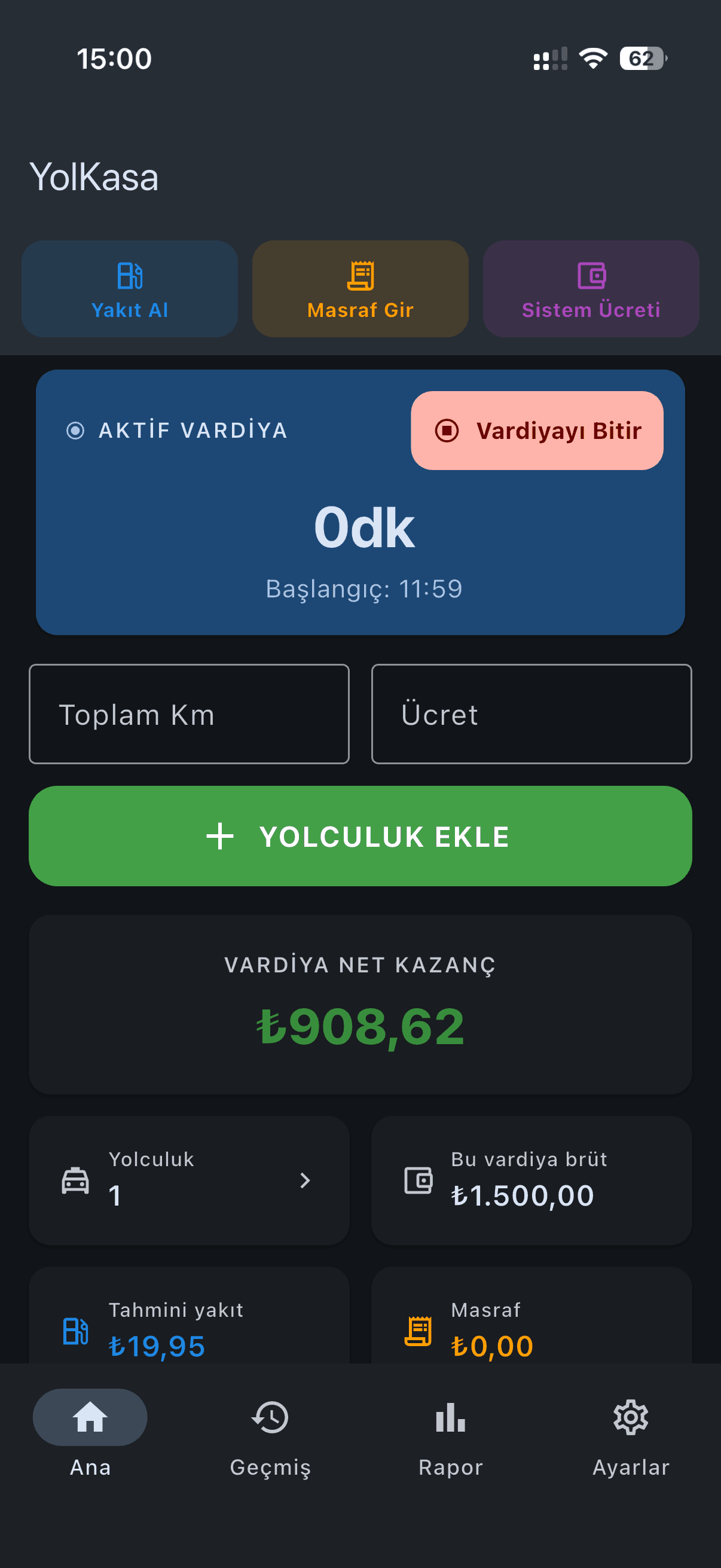 Yolculuk eklenmiş vardiya: 1 yolculuk, net kazanç artıda