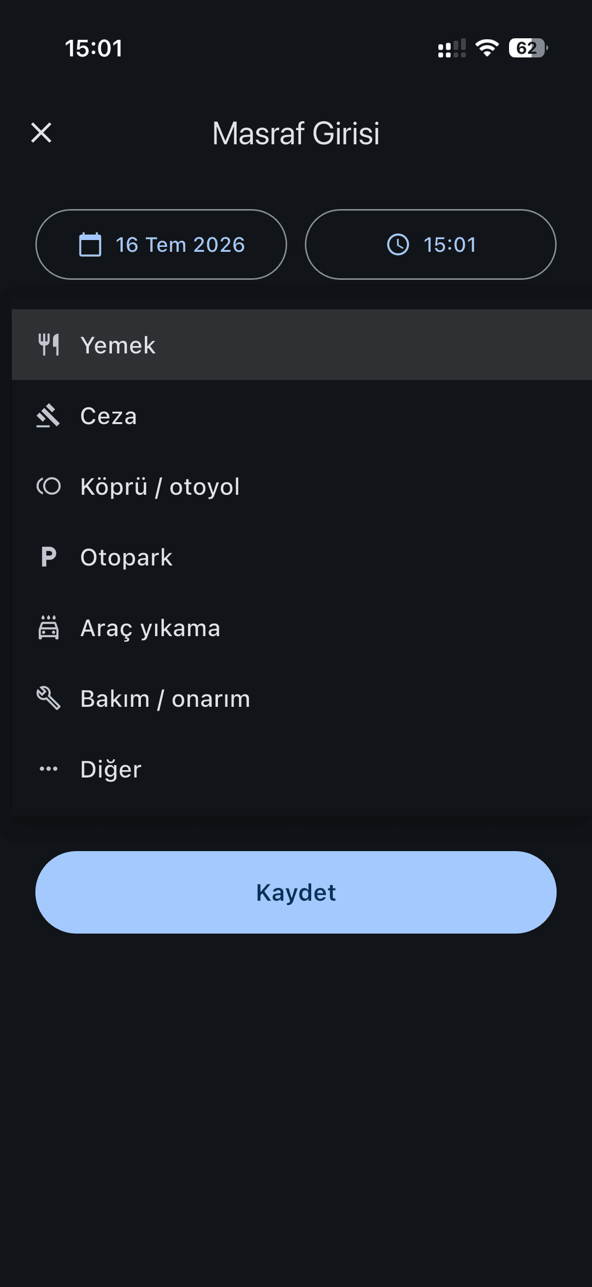 Masraf girişi kategori listesi açık