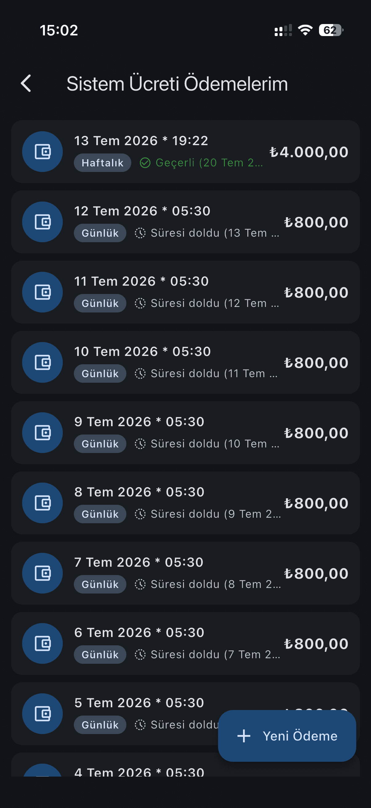Sistem ücreti ödemelerim listesi
