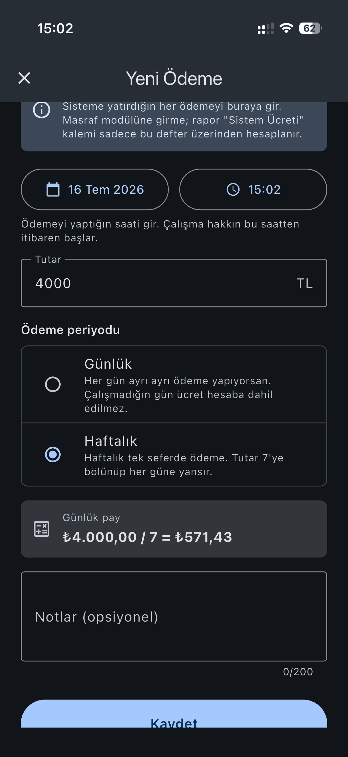 Yeni sistem ücreti ödemesi: haftalık tutar ve hesaplanan günlük pay