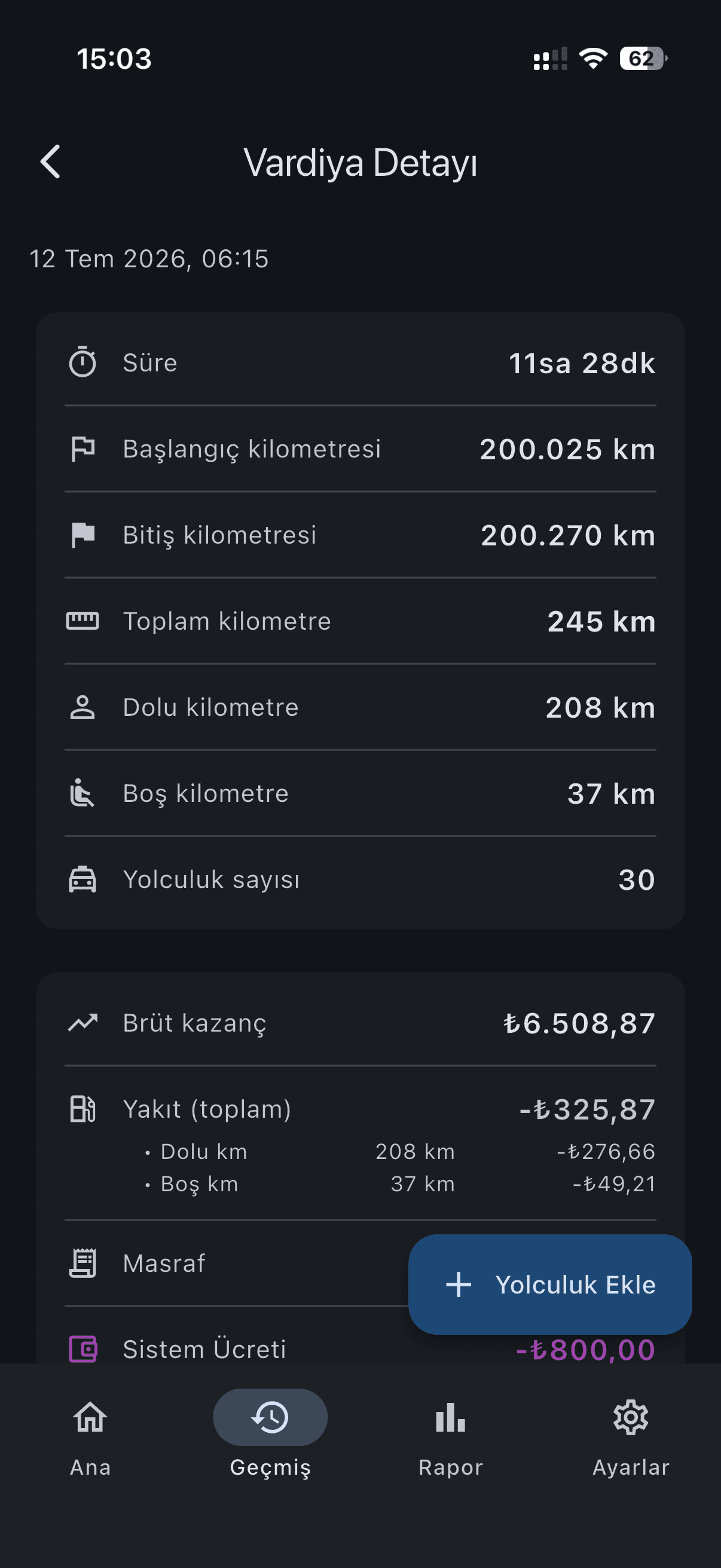 Vardiya detayı üst: süre, kilometreler, yolculuk sayısı